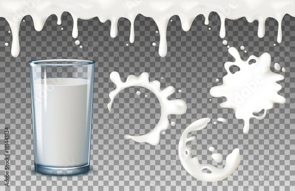 Fototapeta Transparent realistic transparent glasses, to pour milk splash, full and empty glass, dripping liquid drips seamless on a blue background.