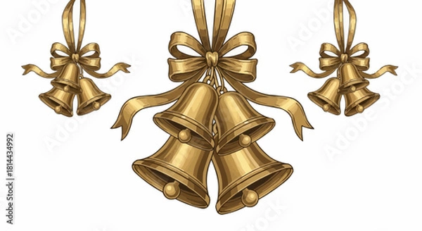 Fototapeta Three sets of golden christmas bells with ribbons and bows hanging against a white background scene view