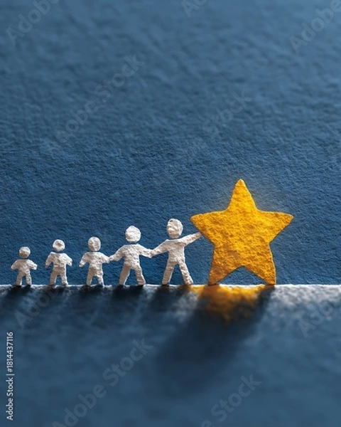 Fototapeta Team collaboration paper-cut figures raising glowing star on textured paper for guidance, and leadership, Creative paper-cut leadership concept with team holding bright star on textured background