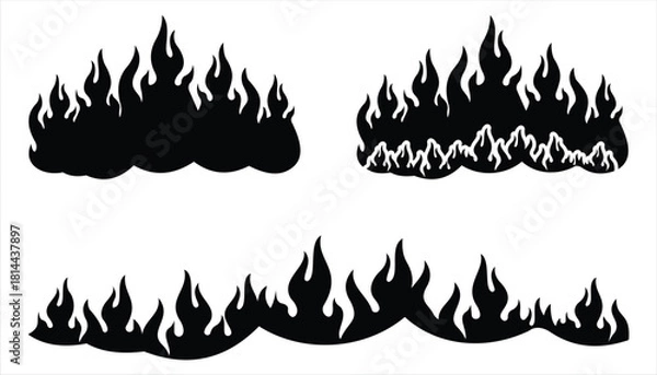 Obraz Big Collection of Fire Flame Vector Icons – Minimalist Outline & Silhouette Bonfire Symbols, Tribal Tattoo Style Flames Set