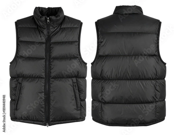 Obraz Black puffer vest, front and back views, with a zipper, on a white background, isolated for use in design, ready for compositing