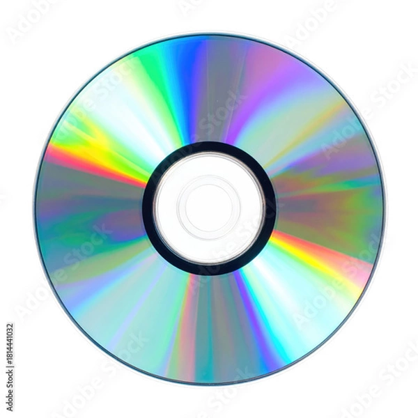 Obraz Iridescent compact disc with rainbow color reflections and a central hole, viewed from above, on a plain white background