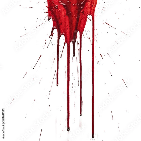 Fototapeta Flowing Red Blood Drips and Trails Isolated on White Background