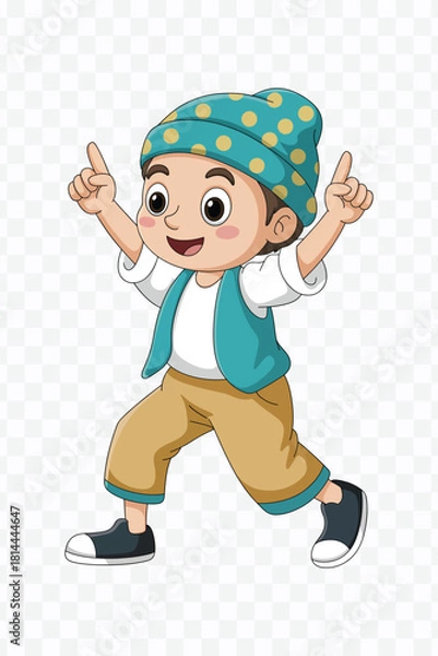 Fototapeta Cute cartoon boy dancing happily in colorful traditional outfit with cheerful expression and playful energy