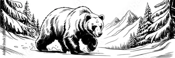 Obraz Illustrated grizzly bear striding across a snowy landscape surrounded by pine trees and mountains, ideal for nature, wildlife, and adventure themes.
