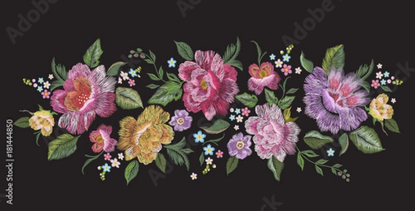 Obraz Embroidery traditional floral pattern with roses. Vector embroidered bouquet with flowers for wearing design.