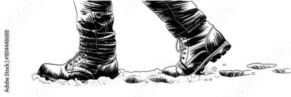 Obraz Black and white artwork of rugged boots stepping through fresh snow, capturing cold weather movement, winter travel, and outdoor adventure themes.