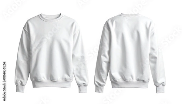 Fototapeta White crew neck sweatshirt, front and back views, symmetrically displayed, isolated on a white background, transparent background
