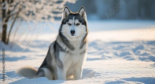 Obraz Husky Dog Sitting in Snowy Landscape, Winter Scene, Nature Photography, Outdoor Environment, Close-Up View