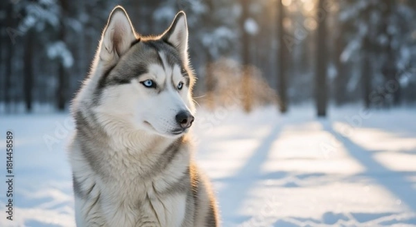 Obraz Action-Pose Siberian Husky in Snowy Forest, Nature Photography, Winter Environment, Serene Viewpoint