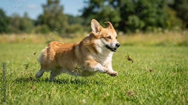 Obraz Corgi Running in a Field, Playful Dog Action, Sunny Nature Environment, Outdoor Photography