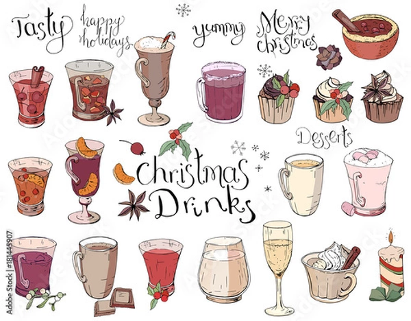 Fototapeta Set of different Christmas and winter drinks. Elements isolated on white for restaurant and cafe menu. Color, hand drawn. Calligraphy phrase Christmas Drinks.