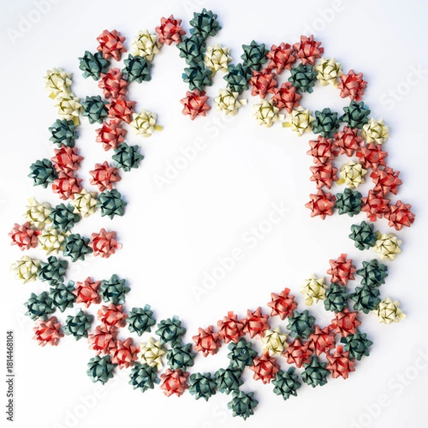 Fototapeta Red, green and gold tiny, gift bows forming a circle or wreath shape on white background