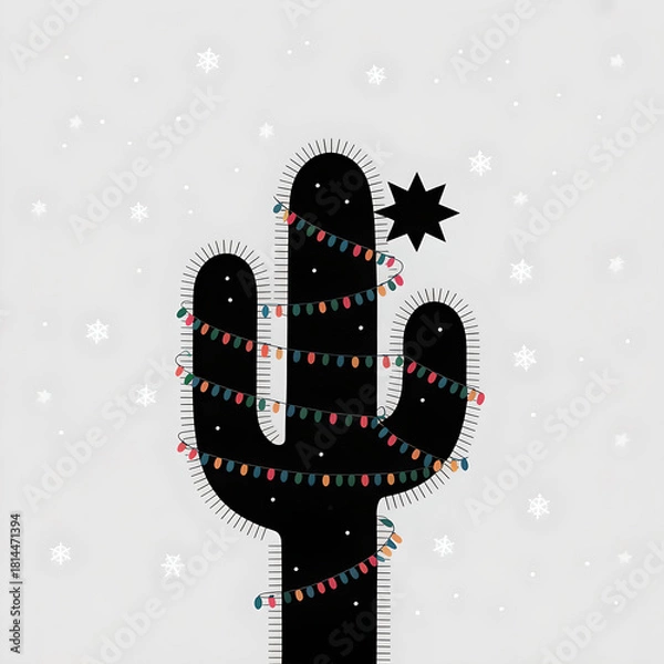 Fototapeta Cactus silhouette with Christmas lights on snowy background
