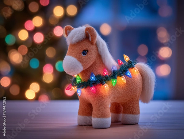 Obraz Toy horse wrapped in Christmas lights with festive background