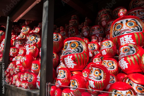 Obraz Daruma dolls in wooden cabinet decor at Katsuo-ji temple, Osaka