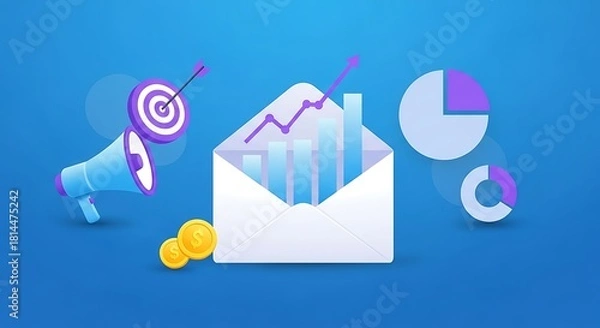 Fototapeta Illustration representing email marketing success featuring a megaphone with a target, an open envelope displaying a bar chart and rising line graph, coins, and pie charts against a vibrant blue backg