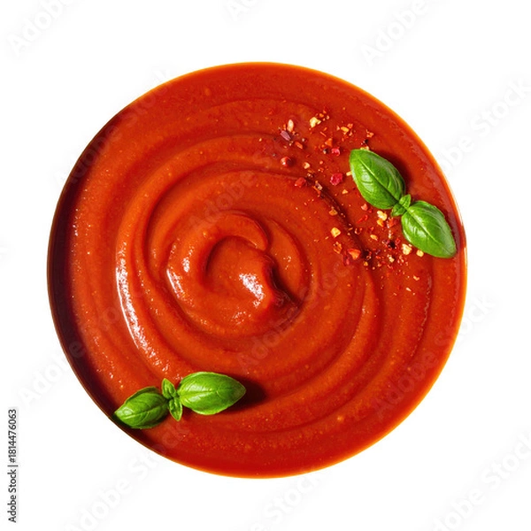 Obraz Tomato sauce swirl with basil leaves and red pepper flakes, isolated on a white background, png with transparency