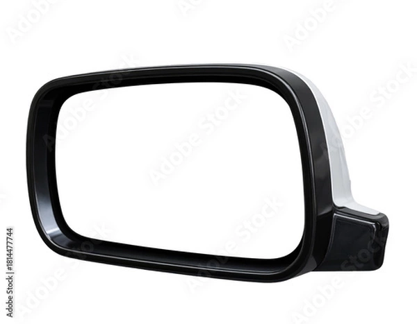 Fototapeta A car side mirror with a black frame and a white body, angled to the right, casting a slight shadow below, isolated on a neutral background