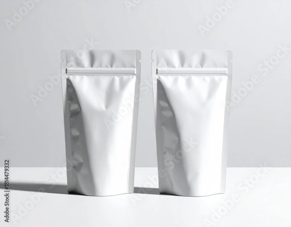 Obraz Two blank white pouches on a light surface