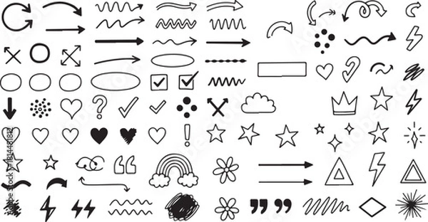 Fototapeta Hand drawn doodle arrow, shape, and symbol collection on a white backdrop