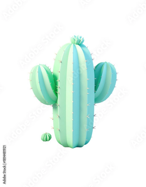 Obraz A stylized light green and blue saguaro cactus with small spines and two arms, plus a tiny cactus at its base, on a clean white background