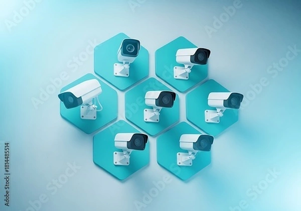 Fototapeta A collection of seven modern white security surveillance cameras mounted on teal hexagonal platforms arranged in a honeycomb pattern against a soft blue gradient background, symbolizing network securi