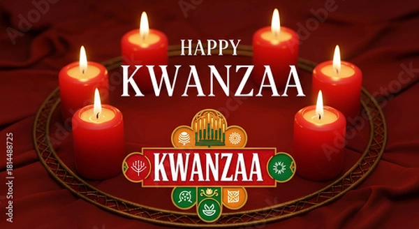 Fototapeta HAPPY KWANZAA Design with Glowing Kinara, Festive Candles, Gifts, and African Patterns