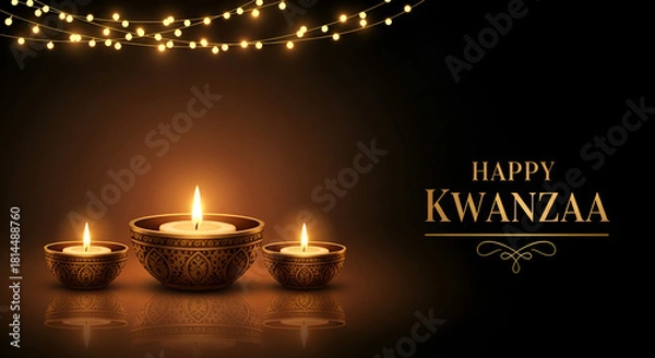 Fototapeta Elegant Candles with Happy Kwanzaa Greeting Illuminated by Warm Lights in Celebration of Cultural African Festive Season, Kwanzaa concept