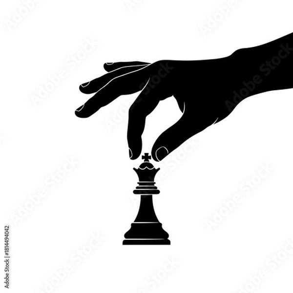 Fototapeta Silhouette of a hand delicately picking up a black chess king piece isolated on white background