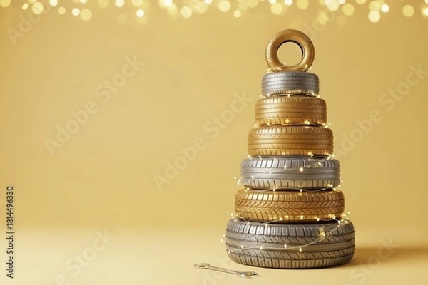 Obraz Christmas tree made from stacked car tires, painted in gold and silver and decorated with festive string lights. Wrench nearby. New Year banner with copy space for mechanic's, garage, service center