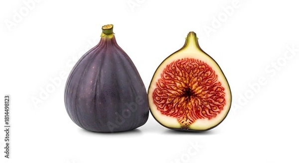 Fototapeta Whole and halved fresh purple fig fruit isolated on white background