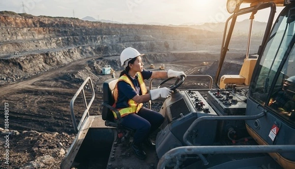 Fototapeta Female Construction Worker Operating Heavy Machinery in Open Pit Mine During Sunset