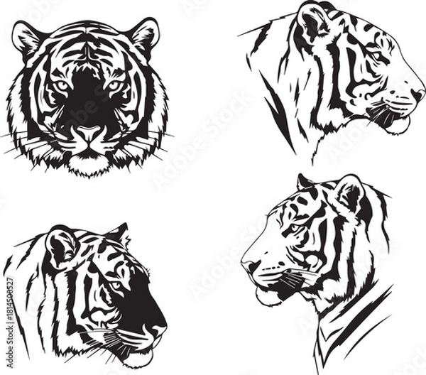 Fototapeta Four stylized tiger head silhouettes from different angles isolated on white background