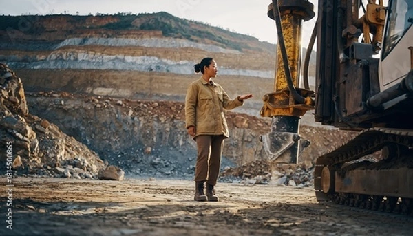 Fototapeta Female Excavator Operator Standing in Open Mine Site with Heavy Machinery in Natural Light