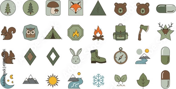 Obraz Collection of woodland animal and nature icons isolated on white background