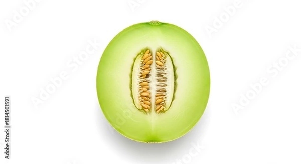 Fototapeta Half of a fresh green honeydew melon with seeds isolated on white background