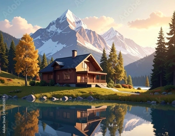 Obraz Lakeside cabin, mountain backdrop, serene scenery