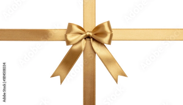 Obraz A golden satin ribbon bow centered on intersecting ribbons, all against a white background, decorative presentation, product shot isolated
