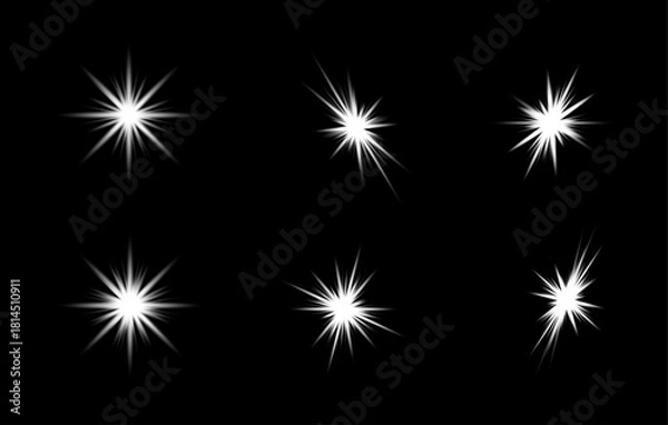 Fototapeta Set of sparkling stars, glowing light effect. Vector graphic design elements.