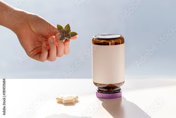 Fototapeta Hand holds a small succulent beside an upright amber jar with white label and purple cap; soft light, copy space and capsules suggest vitamin health, nature and balanced lifestyle.