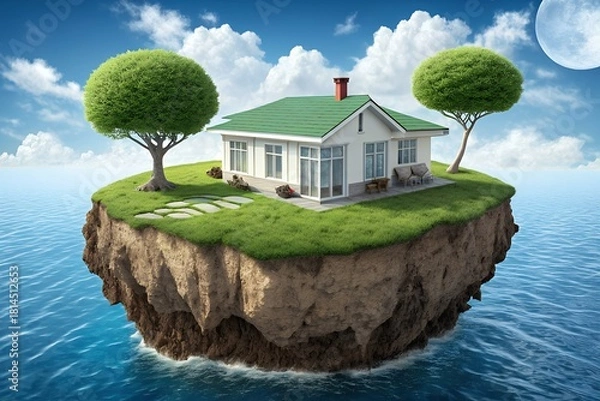 Obraz Floating island home surrounded by ocean under a cloudy sky