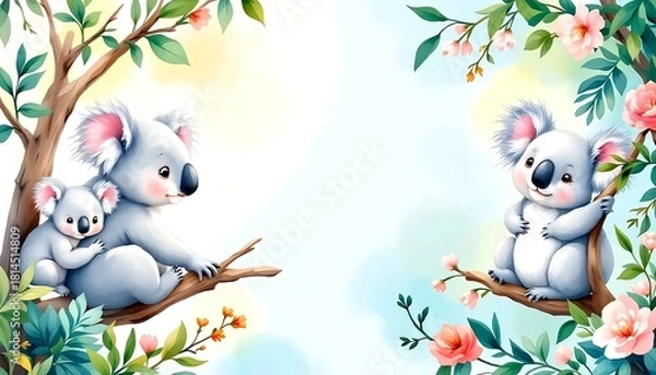 Fototapeta Adorable watercolor illustration of a mother koala and joey in a eucalyptus tree with a baby koala on a branch