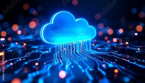 Fototapeta Digital cloud computing data flow abstract background with glowing blue cloud and circuitry