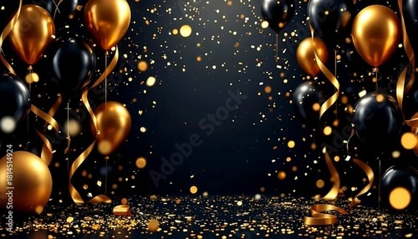 Fototapeta Elegant black and gold balloons and confetti create a festive atmosphere for a celebration