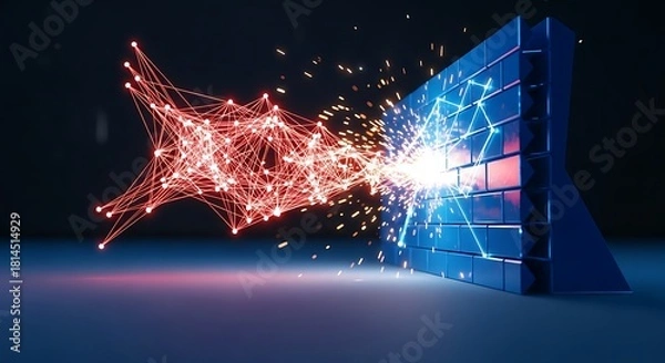 Fototapeta Digital firewall under attack by fiery red cyber threat exploding with energy and sparks