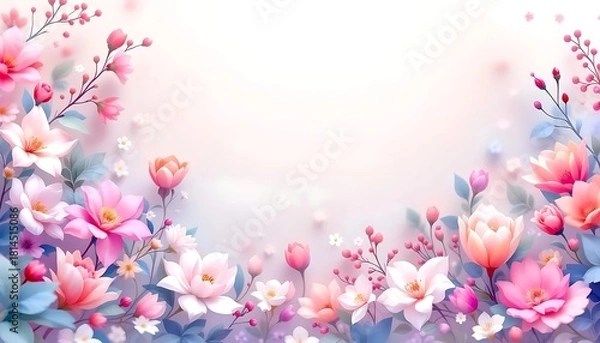 Fototapeta Ethereal floral arrangement with soft pink and purple blossoms creating a dreamy romantic and delicate border for a bright background
