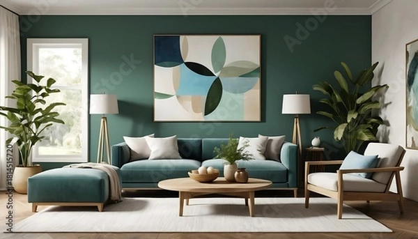 Fototapeta Serene teal living room with abstract art and lush greenery creates a tranquil and stylish ambiance