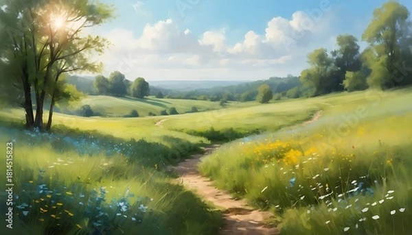 Fototapeta Sunlit meadow path winding through rolling hills under a bright blue sky with fluffy clouds