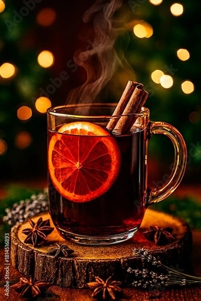 Fototapeta Steaming mug of mulled wine with orange slice and cinnamon stick